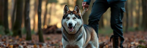 Happy husky enjoys an autumn walk in a serene forest with a person at sunset photo