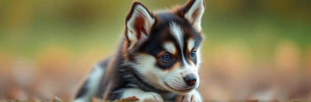 Playful husky puppy exploring a grassy area on a sunny day in early autumn photo