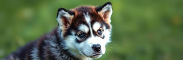 Cute Alaskan Malamute puppy with striking markings enjoying a sunny day in an open green field photo