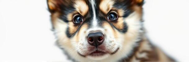 Adorable puppy with striking markings gazing directly at the viewer with bright blue eyes during a close-up shot photo