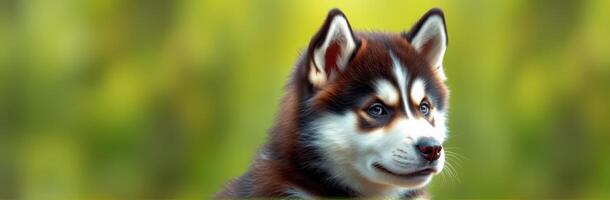 Cute brown and white puppy with fuzzy fur enjoying a sunny day in a lush green park photo