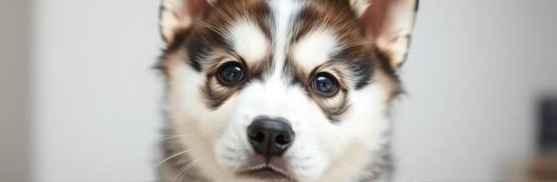 Cute puppy with striking eyes looking curiously at the camera in a cozy indoor space photo