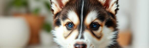 Cute husky puppy with striking blue eyes looking curiously at the camera indoors photo
