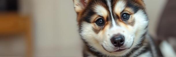 Cute puppy with striking fur pattern sitting indoors in cozy setting during afternoon light photo