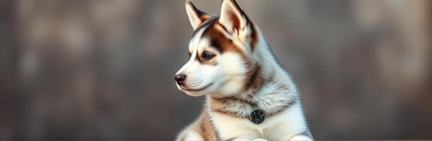 Cute husky puppy sitting calmly with focused gaze in a serene outdoor setting during golden hour photo