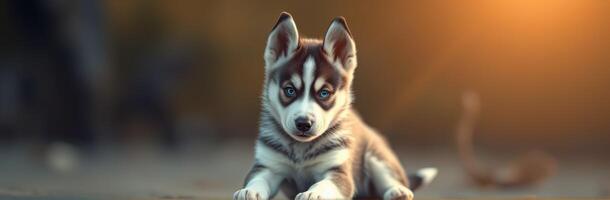 Cute husky puppy resting on a warm surface during sunset in an urban environment photo