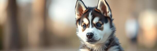 Cute puppy with striking blue eyes sitting outdoors in soft sunlight, showcasing its playful personality and fluffy fur photo