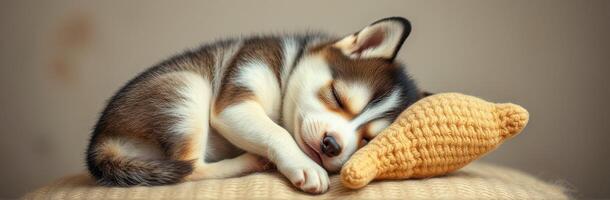 Cute sleeping husky puppy resting on a cozy blanket with a soft toy at home in a warm atmosphere photo