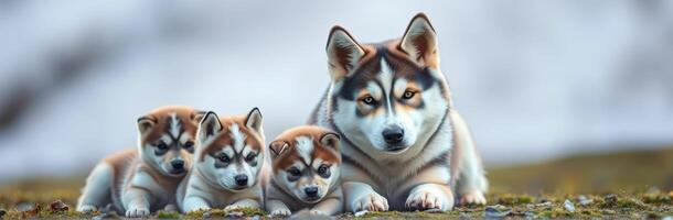 Family of playful puppies and their mother resting in a natural outdoor setting during the day photo