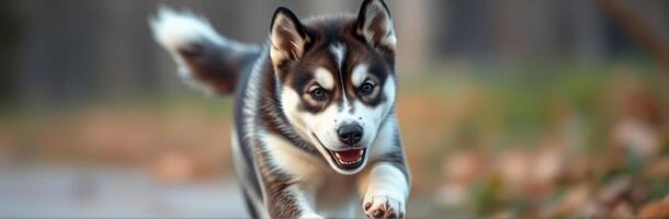 Energetic husky runs joyfully through the park on a sunny day in autumn photo