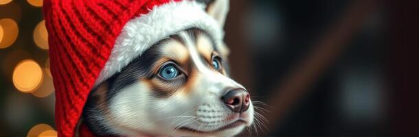 Cute husky puppy wearing a red Christmas hat with sparkling lights in the background during winter holiday season photo