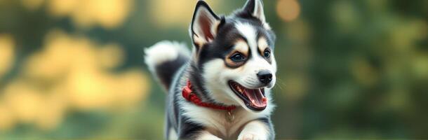 Happy puppy running in a sunny park with vibrant green trees in the background photo