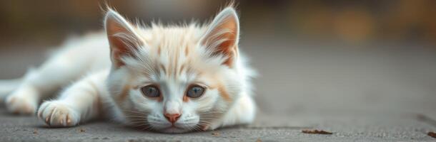 Cute white and orange kitten relaxes on the pavement during a sunny afternoon photo