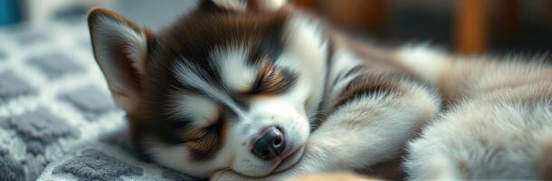 Cute husky puppy sleeping peacefully on a cozy blanket indoors during a calm afternoon photo