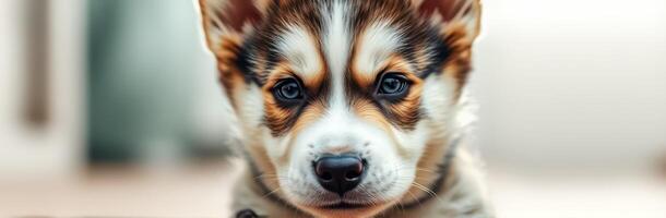 Charming puppy with captivating eyes sitting indoors in a cozy environment photo