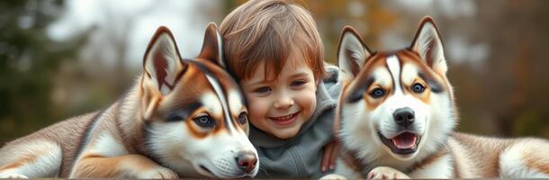 Child enjoys playful moments with two friendly huskies in a serene outdoor setting during autumn days photo