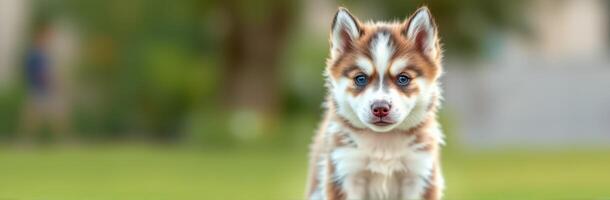 Cute husky puppy standing calmly in a park during a sunny day with lush green grass and blurred background photo