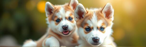 Two adorable corgi puppies playing together outdoors during golden hour in a lush garden setting photo