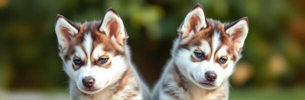 Two playful husky puppies sit side by side in a grassy area during golden hour sunlight, showcasing their charming features and expressions photo