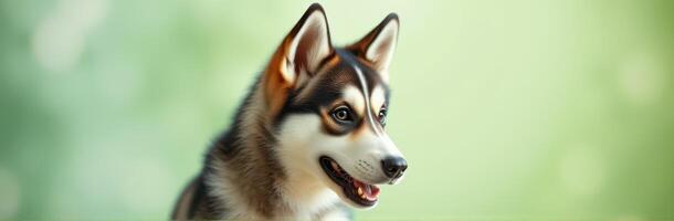 Beautiful Siberian Husky with vibrant fur relaxes in a lush outdoor setting during the golden hour photo