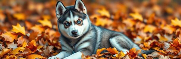 Siberian husky resting among colorful autumn leaves in a peaceful forest setting photo