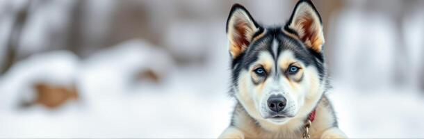 Husky resting in a snowy landscape during a winter afternoon in the mountains photo