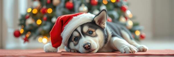 Cute husky puppy wearing a Santa hat relaxes on a rug in front of a decorated Christmas tree with sparkling lights photo