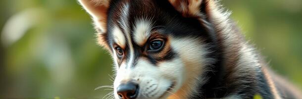 Cute husky puppy exploring a lush garden in the afternoon light photo