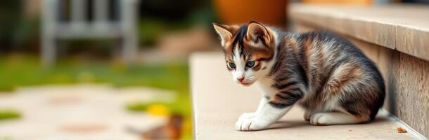 Playful kitten explores garden steps on a sunny afternoon photo