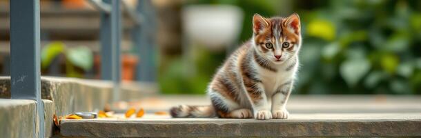 Curious kitten exploring a garden pathway on a sunny day in the spring season photo