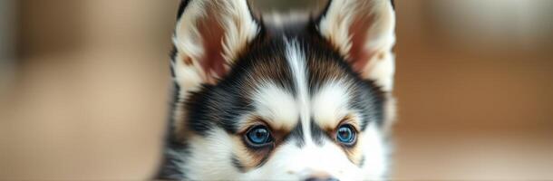 Happy playful puppy with striking blue eyes enjoying a sunny day indoors with friends and family photo