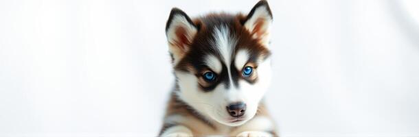 Cute husky puppy with striking blue eyes posing warmly against a soft white background photo