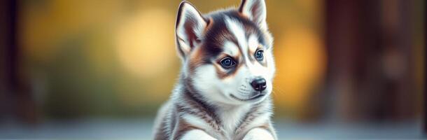 Cute husky puppy sitting outdoors in soft light with a curious expression and striking fur patterns photo
