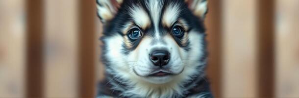 Cute puppy with striking fur pattern looking curiously at the camera in a cozy indoor setting during the afternoon photo