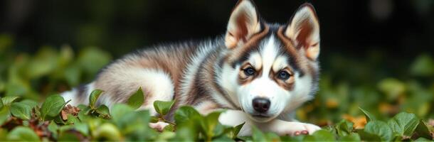 Cute husky puppy relaxing among green foliage in a natural setting during daylight hours photo