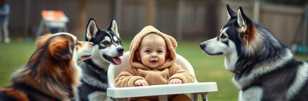 Adorable baby sitting in high chair surrounded by friendly dogs in a backyard on a sunny day photo
