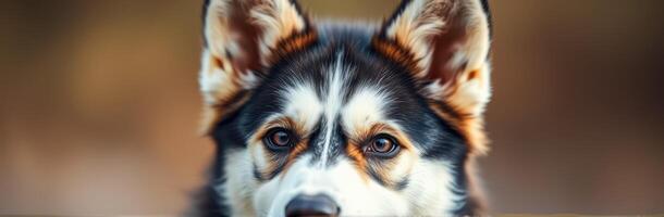 Dog with expressive eyes gazes into the distance in a soft-focused background during a calm afternoon photo