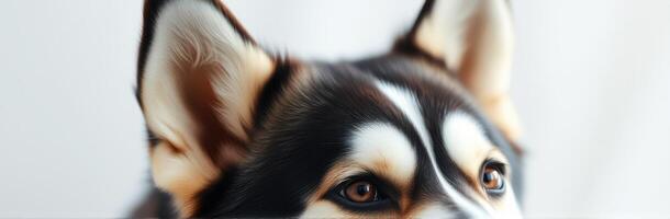 Playful corgi puppy peeks over a surface with alert expression and bright eyes in a cozy indoor setting photo