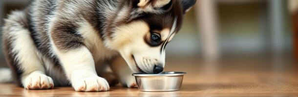 Adorable puppy enjoys meal from metal bowl in cozy indoor setting during daylight photo