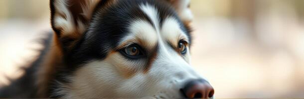 Beautiful Siberian Husky gazing thoughtfully in a forest setting during a sunny day photo