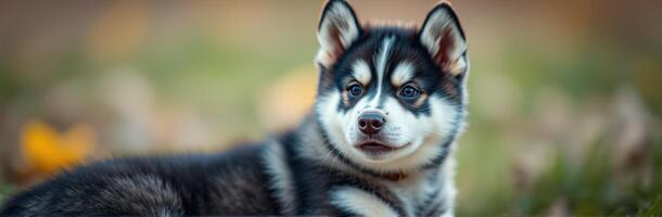 Cute husky puppy resting in a grassy area with soft sunlight in the background photo