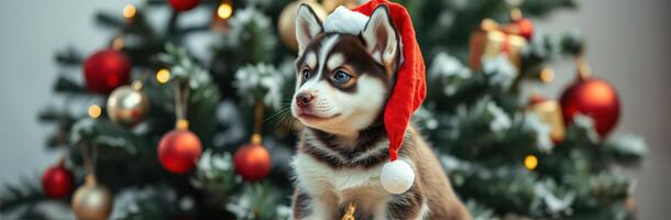 Cute puppy wearing a Santa hat sits in front of a decorated Christmas tree with ornaments and lights photo