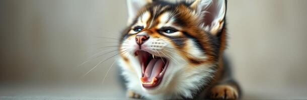Cat with a fierce expression yawning on a neutral background during daytime illumination photo