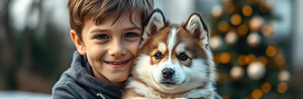 Young boy smiles while hugging his fluffy dog near a decorated Christmas tree indoors during the holiday season photo