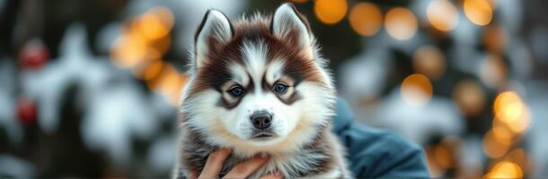 Cute husky puppy held in hands against a snowy backdrop with warm bokeh lights during winter photo