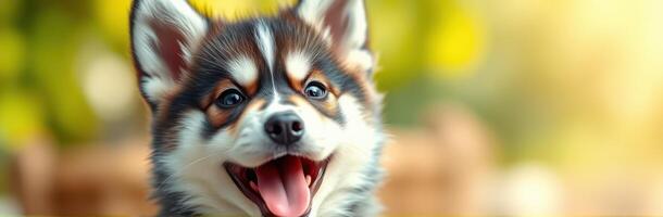 Happy playful puppy enjoying a sunny day outdoors in a lush green garden setting with vibrant colors and soft lighting photo