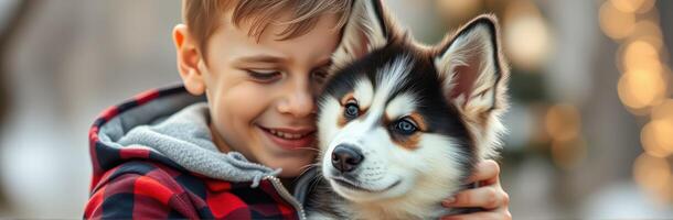 Joyful boy embraces playful husky puppy in a cheerful outdoor setting during a sunny afternoon photo