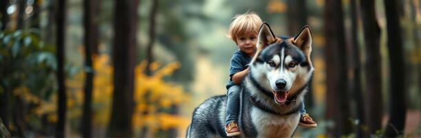 Child enjoys a joyful ride on a friendly Siberian Husky through a vibrant autumn forest setting photo