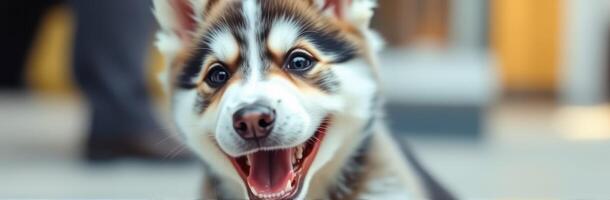 Happy Siberian Husky puppy playing joyfully indoors at a pet-friendly location with bright lighting photo