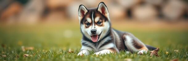 Playful husky puppy enjoying a sunny day on green grass in a backyard setting with wooden logs in the background photo